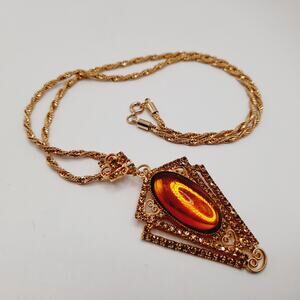 Vintage Topaz Lucite Rhinestone Pendant Brooch Necklace Rope Chain 22”